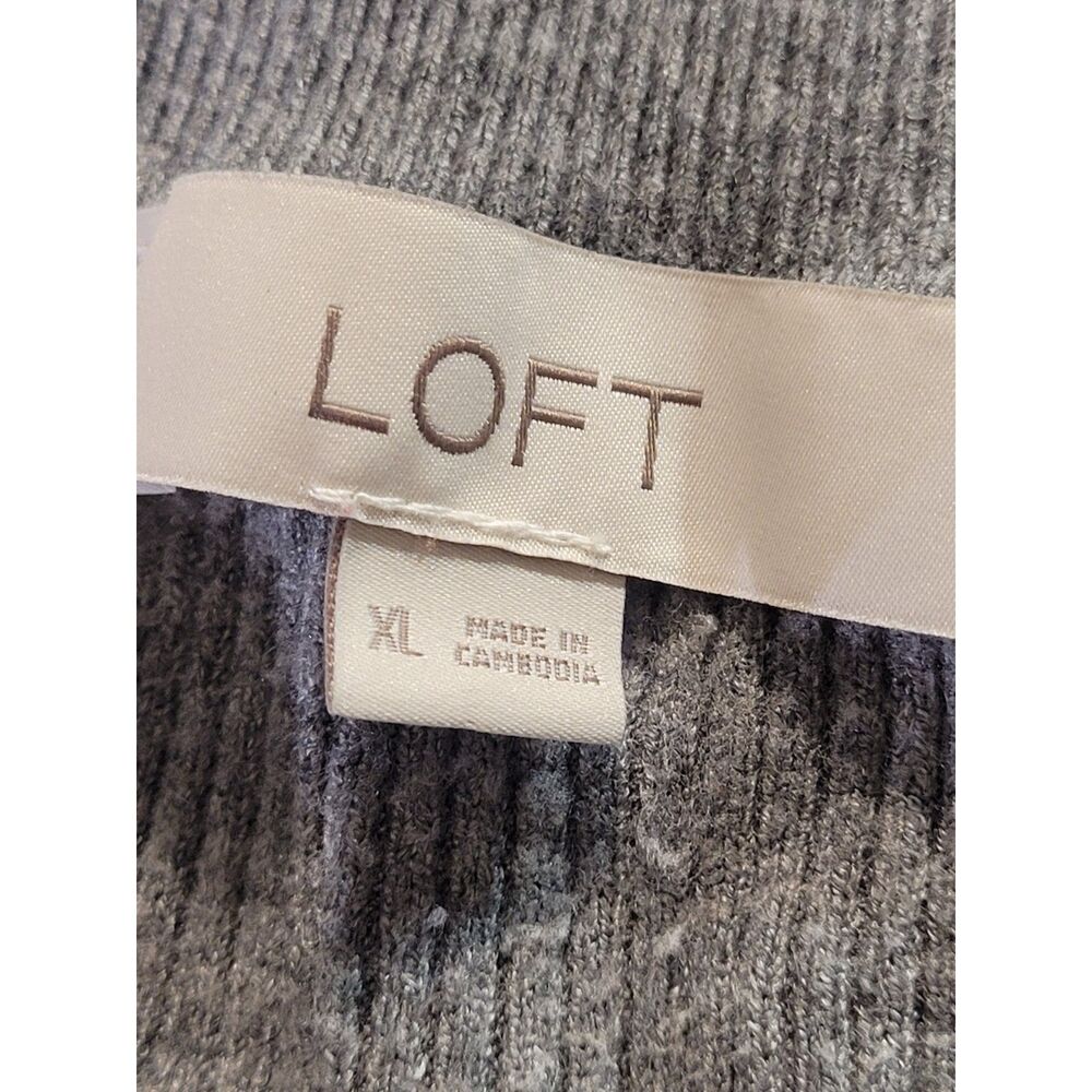 LOFT Women's XL Gray Ribbed V-Neck Long Sleeve Sweater Puff Sleeve